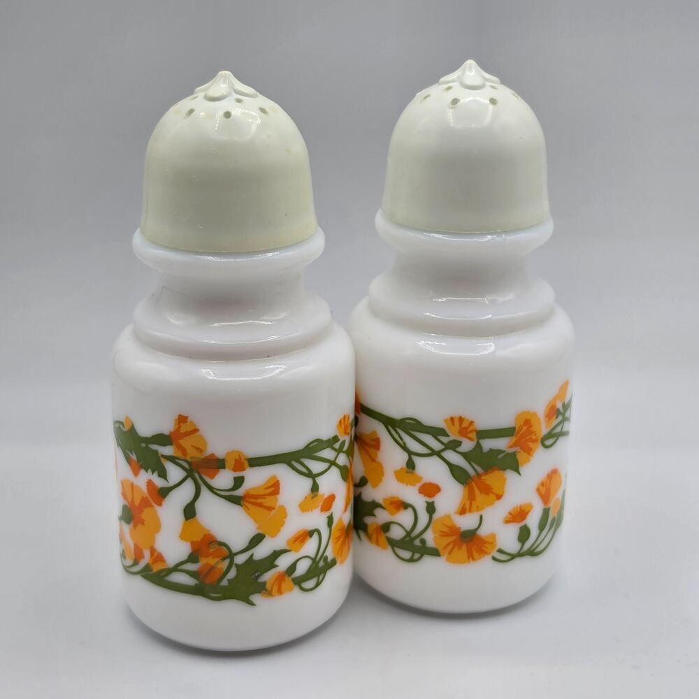 Vintage Avon Milk Glass Salt & Pepper Shakers Orange Floral 1970s Retro Set Pair